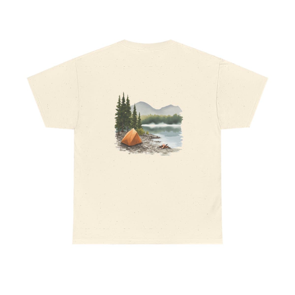 Lakeside Camp at Dawn printed on a t-shirt
